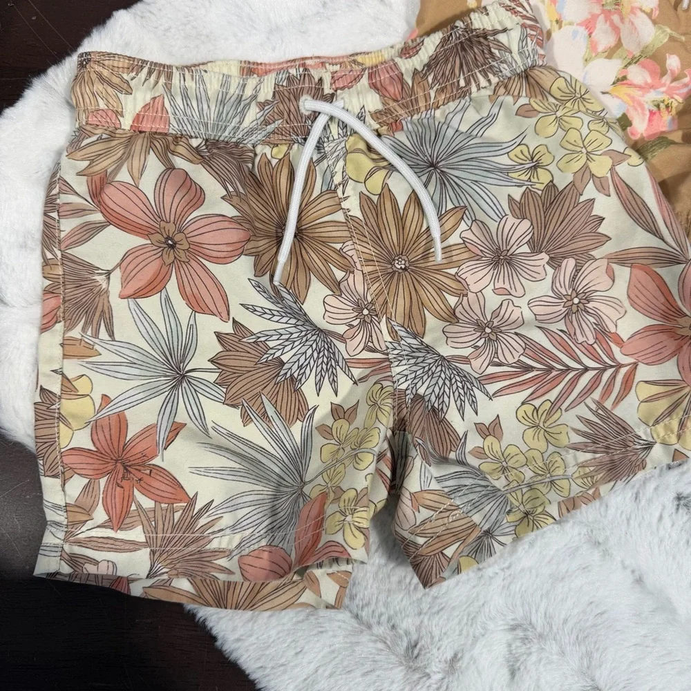 Janie and Jack Floral Drawstring  swim Shorts - Tan & Beige size 4 / 5